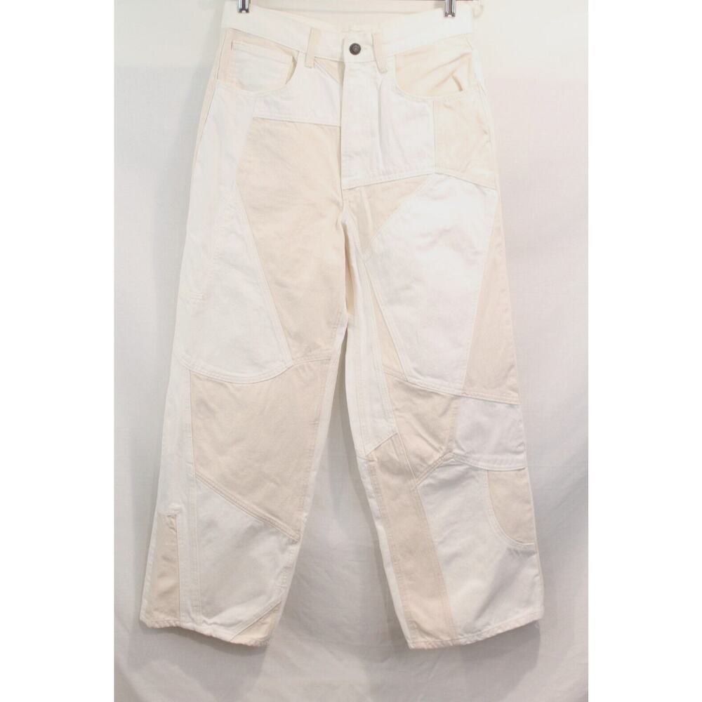 Zara Colorblock Patch High Rise Baggy Skater Jeans size 6 Ivory Beige Denim